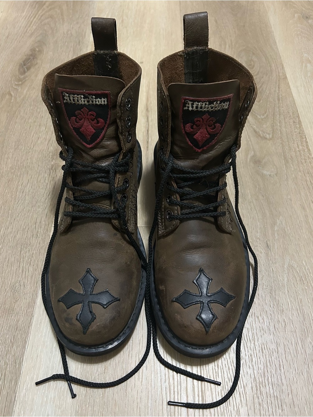 Affliction Brown Leather Lace-Up Boots with Black Cross Detailing and Red Crest